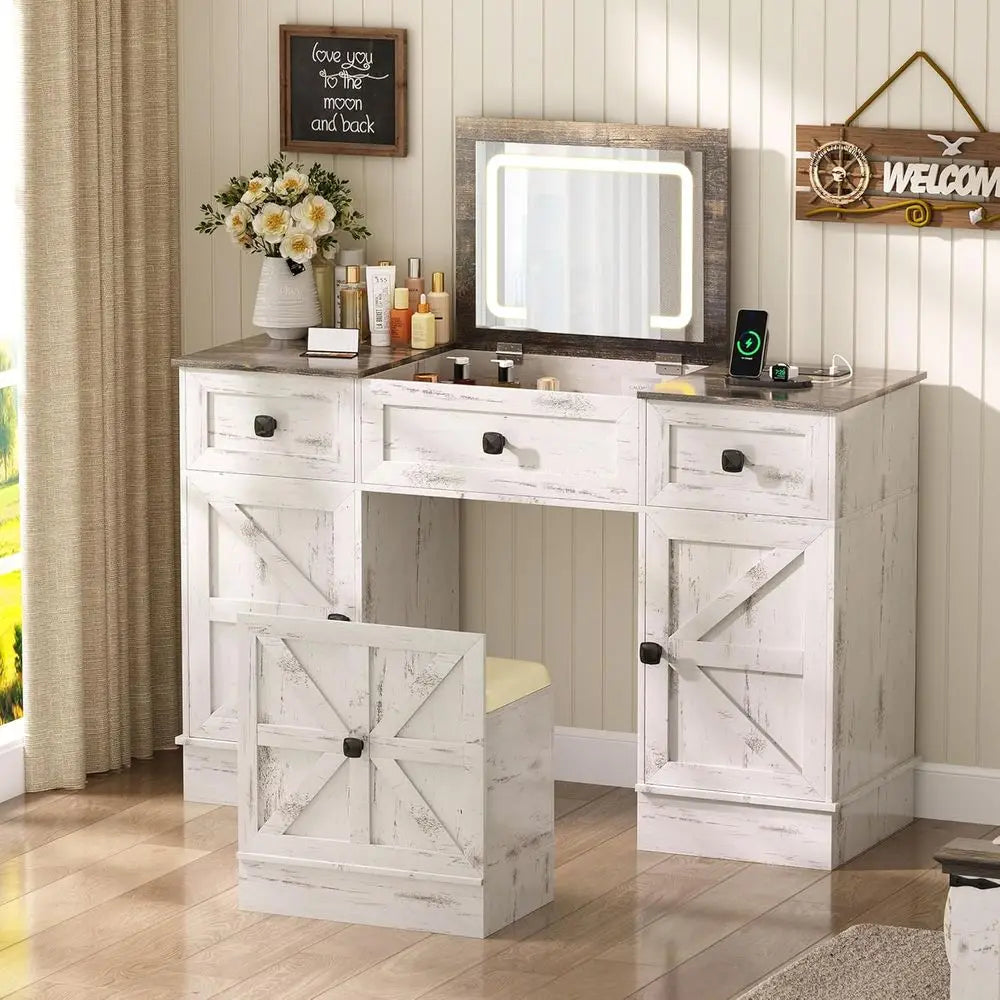 3-In-1 Vanity Desk with LED Mirror, Charging Station & Storage – Antique White
