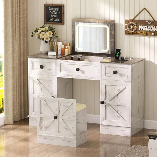 3-In-1 Vanity Desk with LED Mirror, Charging Station & Storage – Antique White