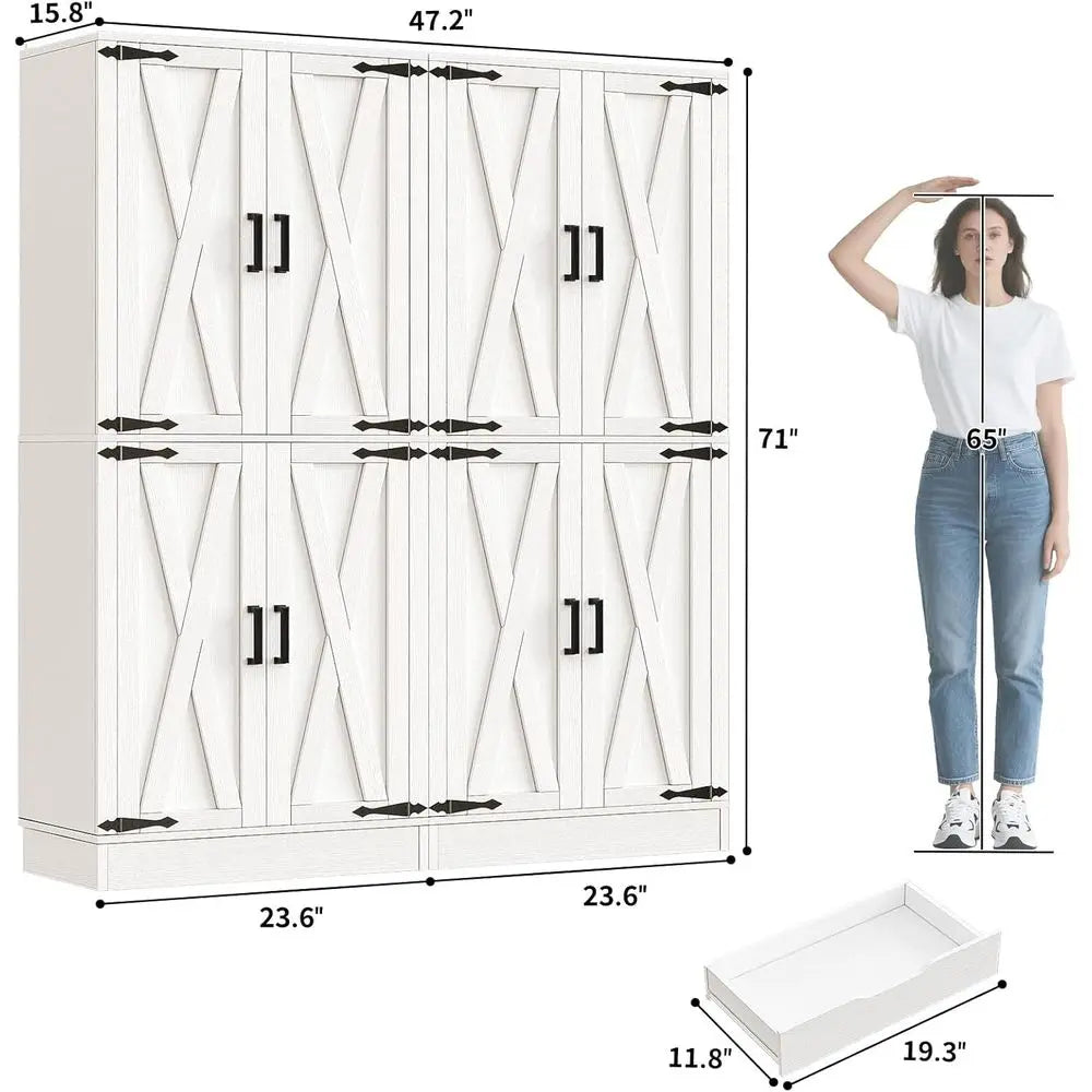 71 Tall Double Kitchen Pantry Cabinet with 8 Adjustable Shelves, White, Suitable for Dining, Living, and Utility Rooms