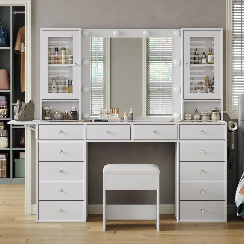Illuminated Vanity Desk with Mirror, Power Outlet, 12 Drawers, 2 Cabinets, and Chair for Bedroom in White