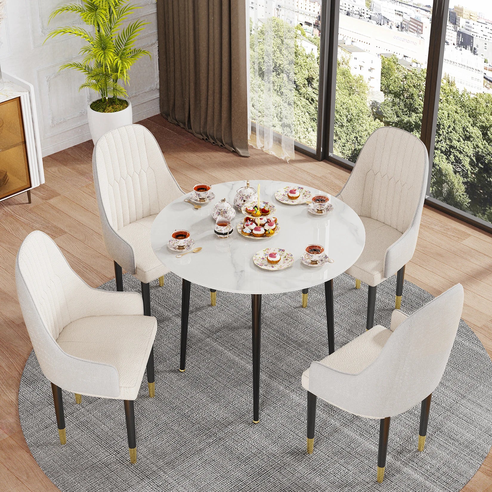 32" Sintered Stone Dining Table round Reception Coffee Table for 2-4 Person - Small Kitchen Table with Black Metal Legs