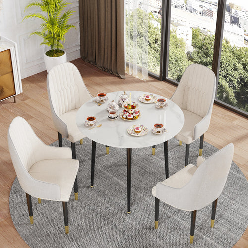 32" Sintered Stone Dining Table round Reception Coffee Table for 2-4 Person - Small Kitchen Table with Black Metal Legs