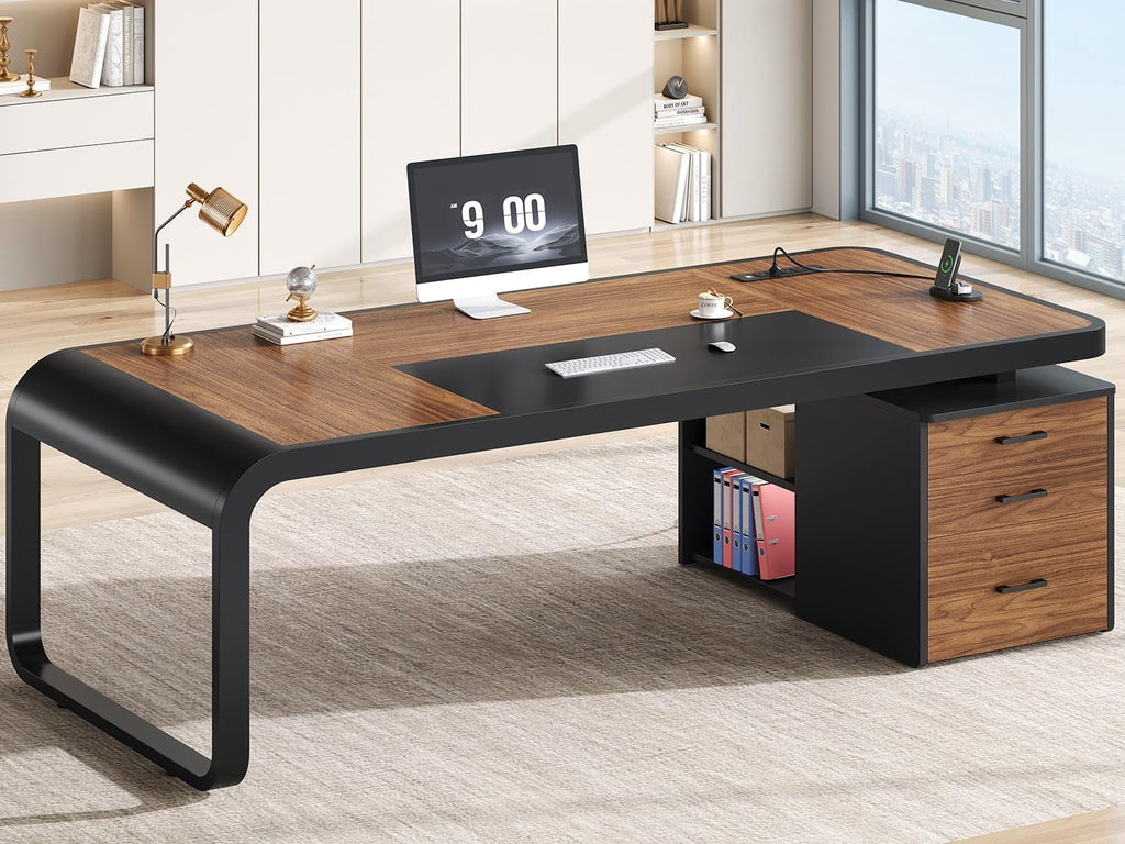 70.9" Executive Desk with Drawers and Power Outlets, Modern Office Desk with Shelf and Large Desktop, Computer Desk Study Table with Storage, Dark Brown