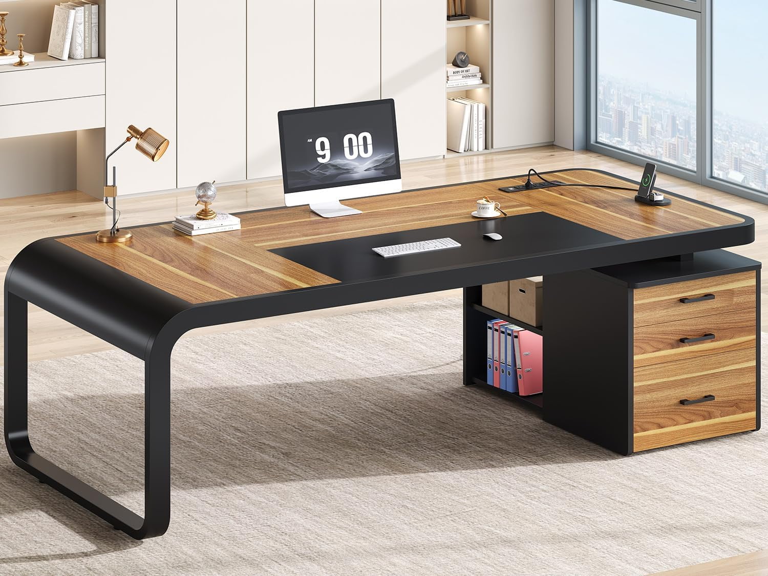70.9" Executive Desk with Drawers and Power Outlets, Modern Office Desk with Shelf and Large Desktop, Computer Desk Study Table with Storage, Dark Brown