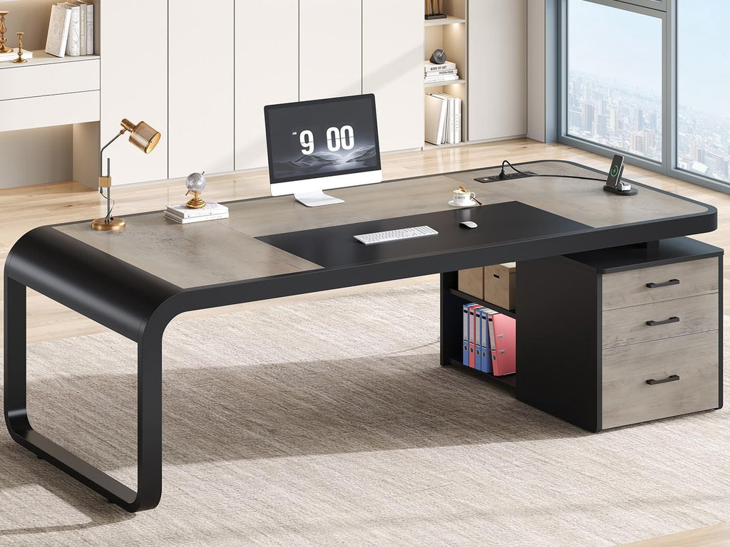 70.9" Executive Desk with Drawers and Power Outlets, Modern Office Desk with Shelf and Large Desktop, Computer Desk Study Table with Storage, Dark Brown