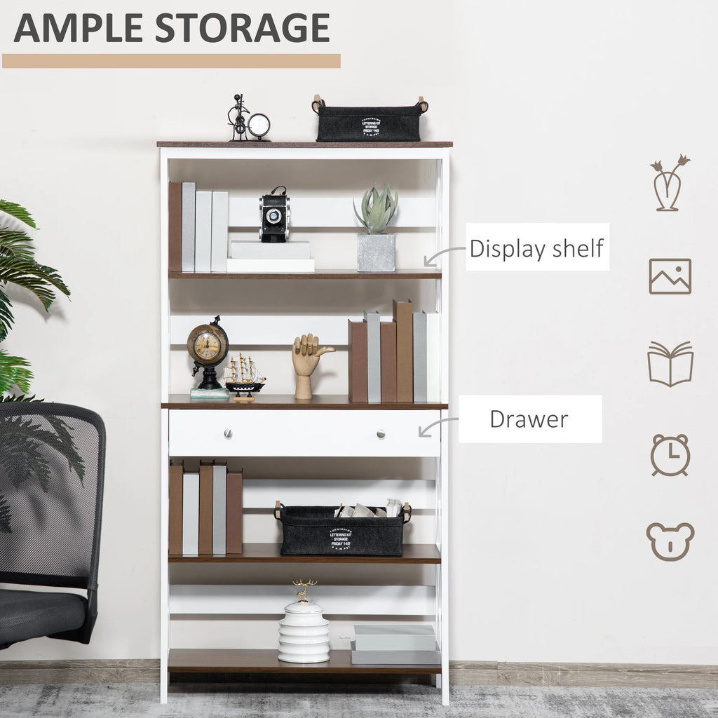 4-Tier Shelving Bookcase Storage Cupboard with Pull Out Drawer, and Wooden Frame with X Bar Stability, White