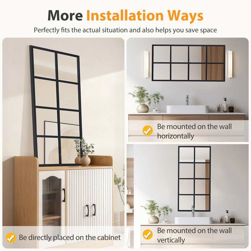 16" X 32" Set of 2 Standing Hanging Modern Window Pane Wall Mirror – Metal Framed Decorative Mirror