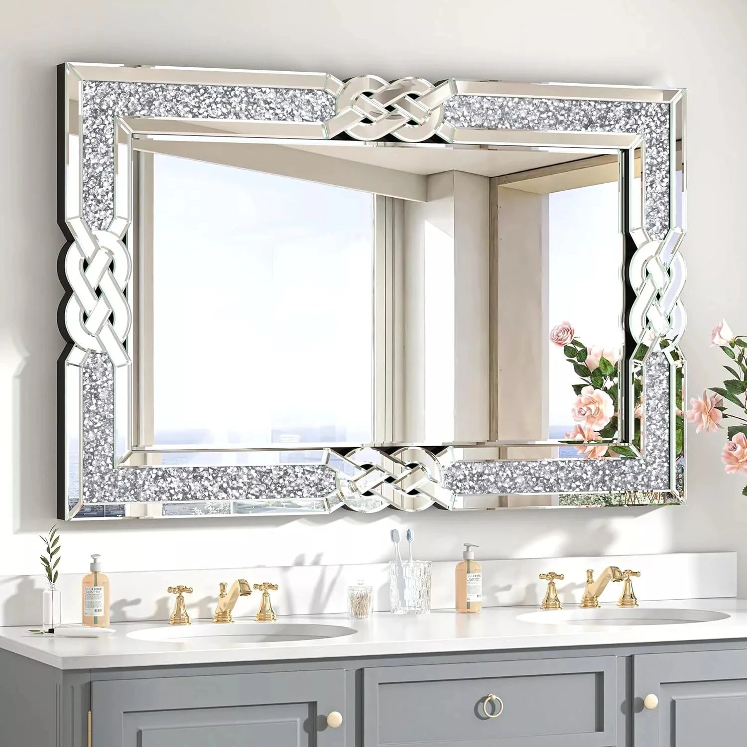 Crushed Diamond Wall Mirror Rectangular Glass Silver Vanity with Decorative Glam Bling Crystal Frame Edge