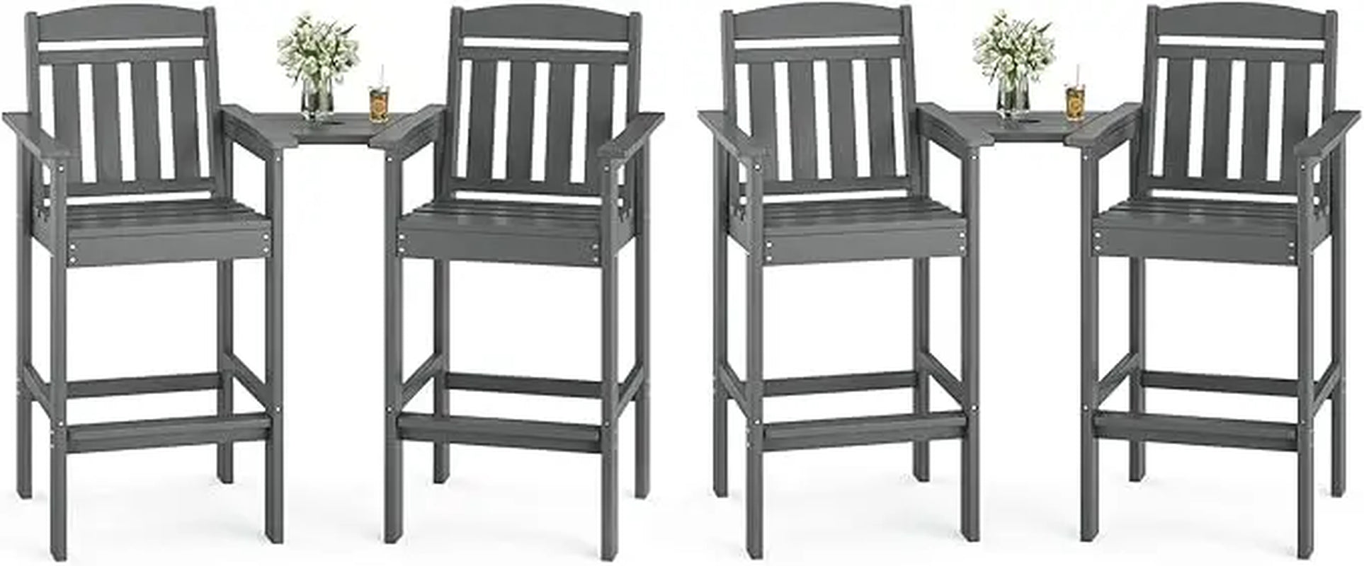 Set of 2 Tall Adirondack Chairs, HDPE Bar Stools with Connecting Tray, All-Weather Patio Chair, Bar Height for Balcony