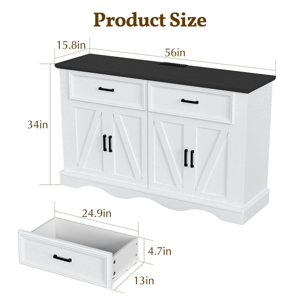 Buffet Cabinet with Drawers, 56" Large Sideboard Buffet Storage Cabinet with Shelves and Doors, Wave Base Design, Multi-Purpose Buffet Table with Charging Station for Living Room,Dining Room,White