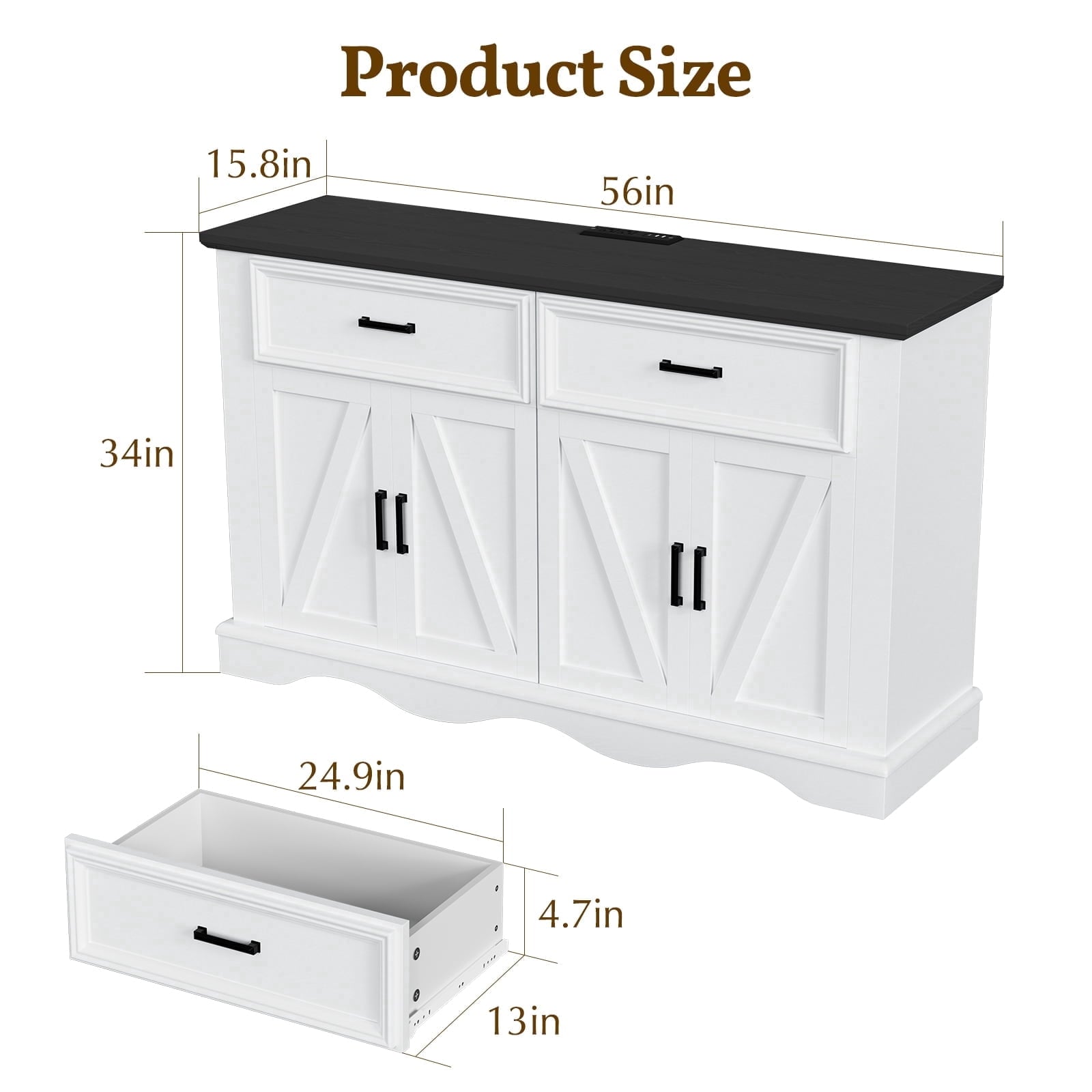 Buffet Cabinet with Drawers, 56" Large Sideboard Buffet Storage Cabinet with Shelves and Doors, Wave Base Design, Multi-Purpose Buffet Table with Charging Station for Living Room,Dining Room,White
