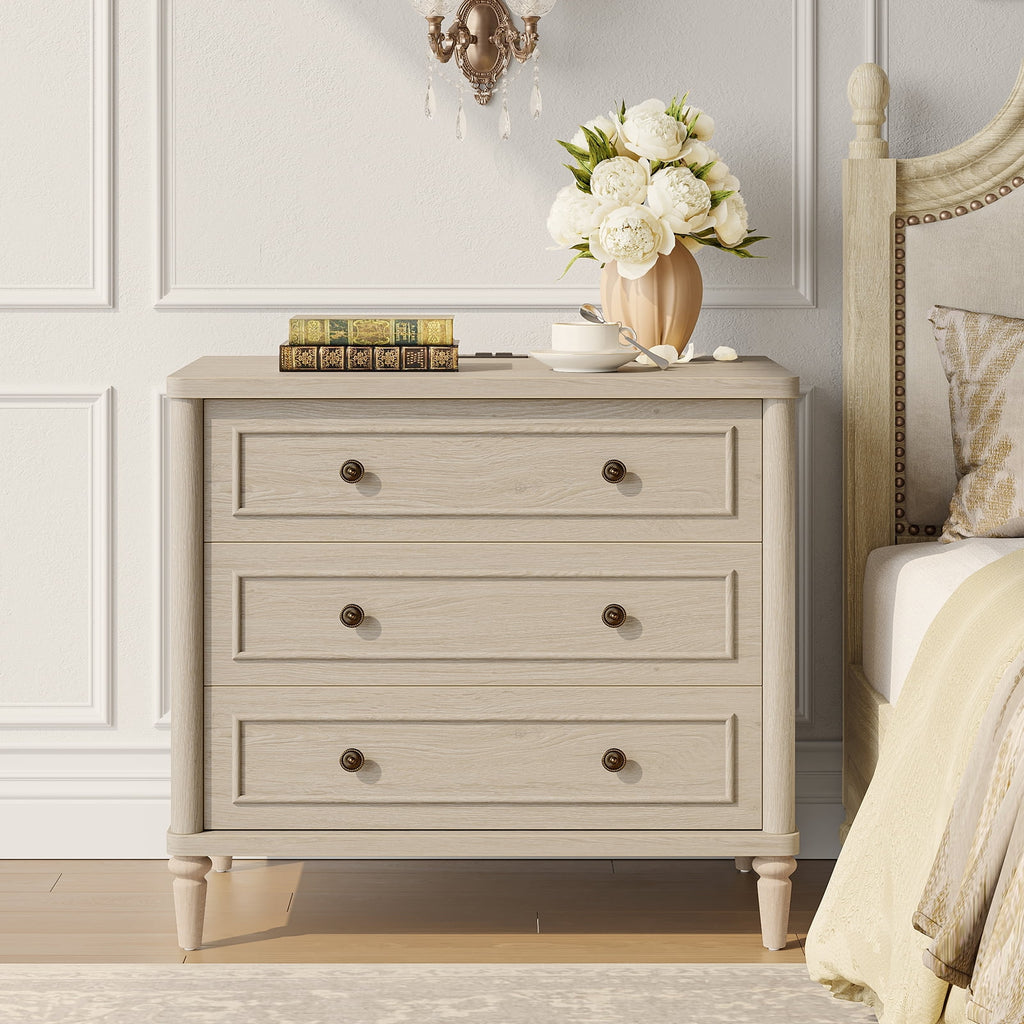 Farmhouse Nightstand Set of 2 with 3 Drawers, Wood Bedside Table Night Stand with Charging Station, Sofa Side End Table for Bedroom, Living Room, Oak