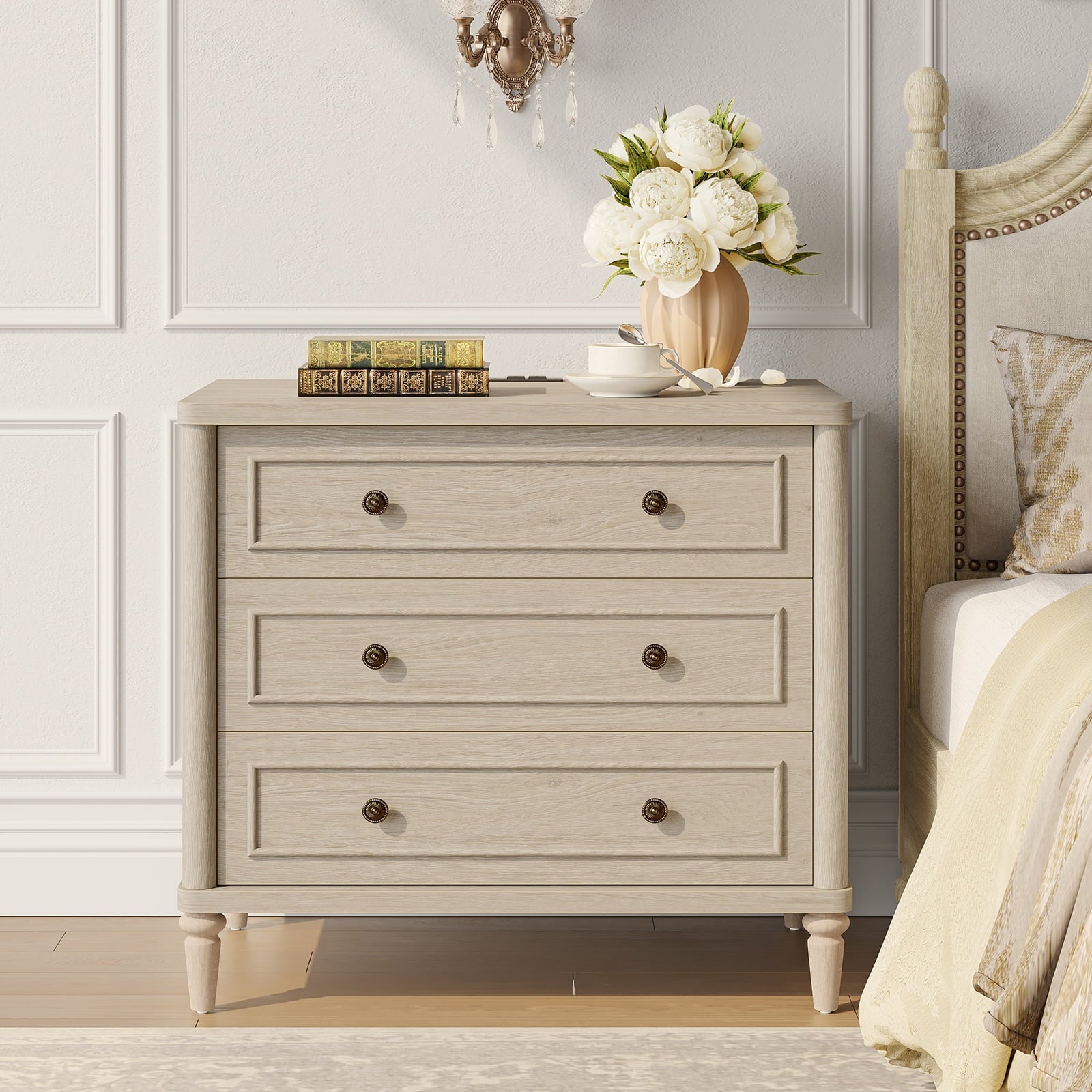 Farmhouse Nightstand Set of 2 with 3 Drawers, Wood Bedside Table Night Stand with Charging Station, Sofa Side End Table for Bedroom, Living Room, Oak
