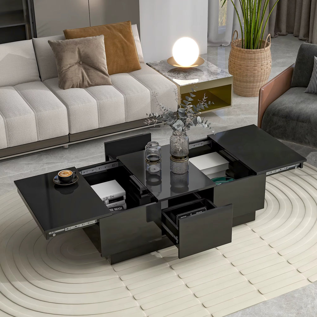 Modern High-Gloss Coffee Table – Extendable Sliding Top with Hidden Storage