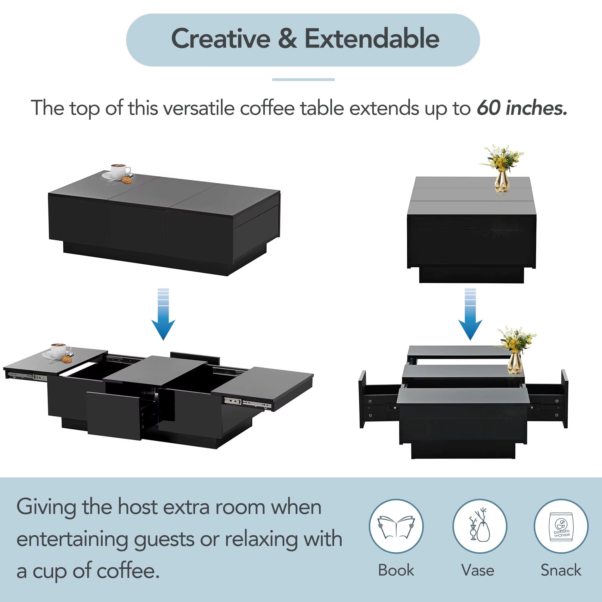 Modern High-Gloss Coffee Table – Extendable Sliding Top with Hidden Storage