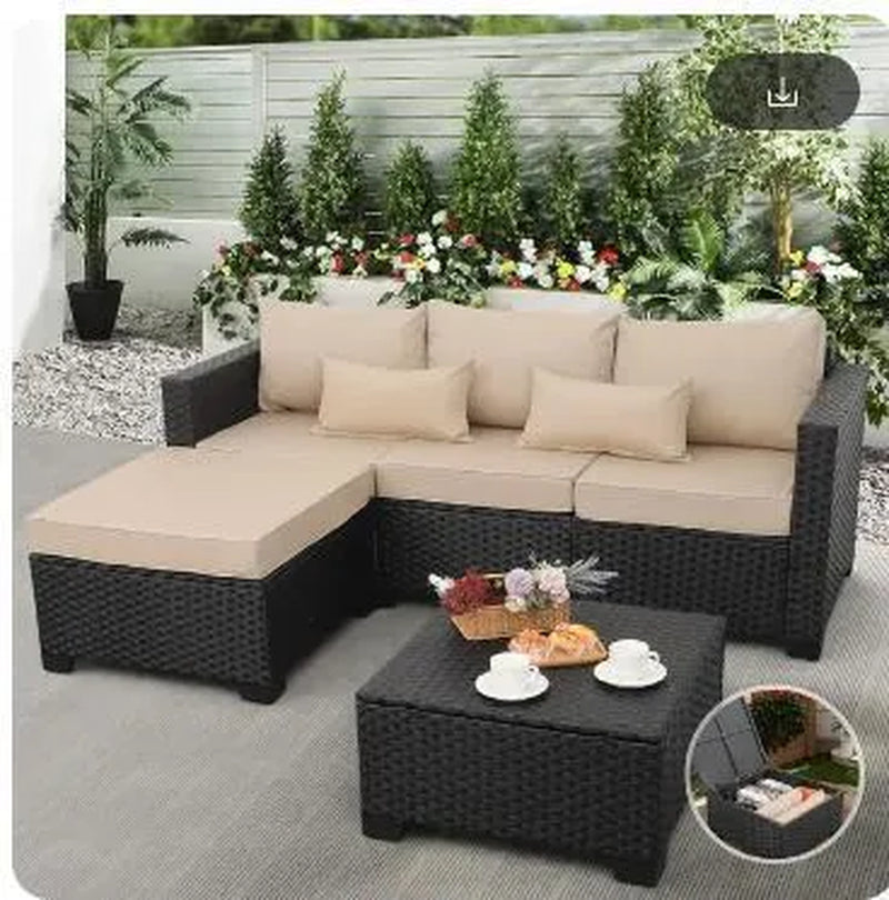 3 Pieces Modern Outdoor Sectional Patio Furniture Set – All-Weather Wicker Sofa with Ottoman & Storage Table