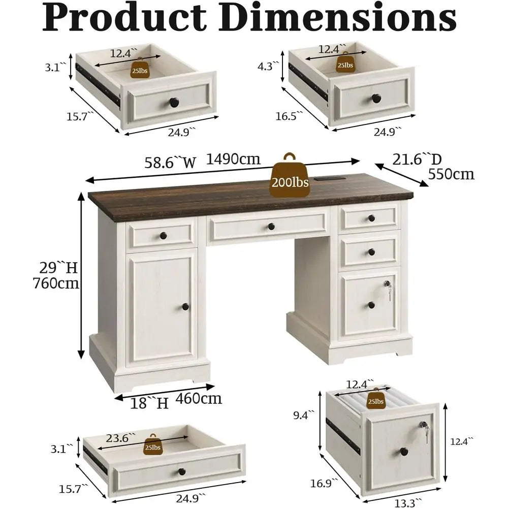 59" Executive Desk with Drawers, Lockable File Cabinet & Power Outlet – Warm White