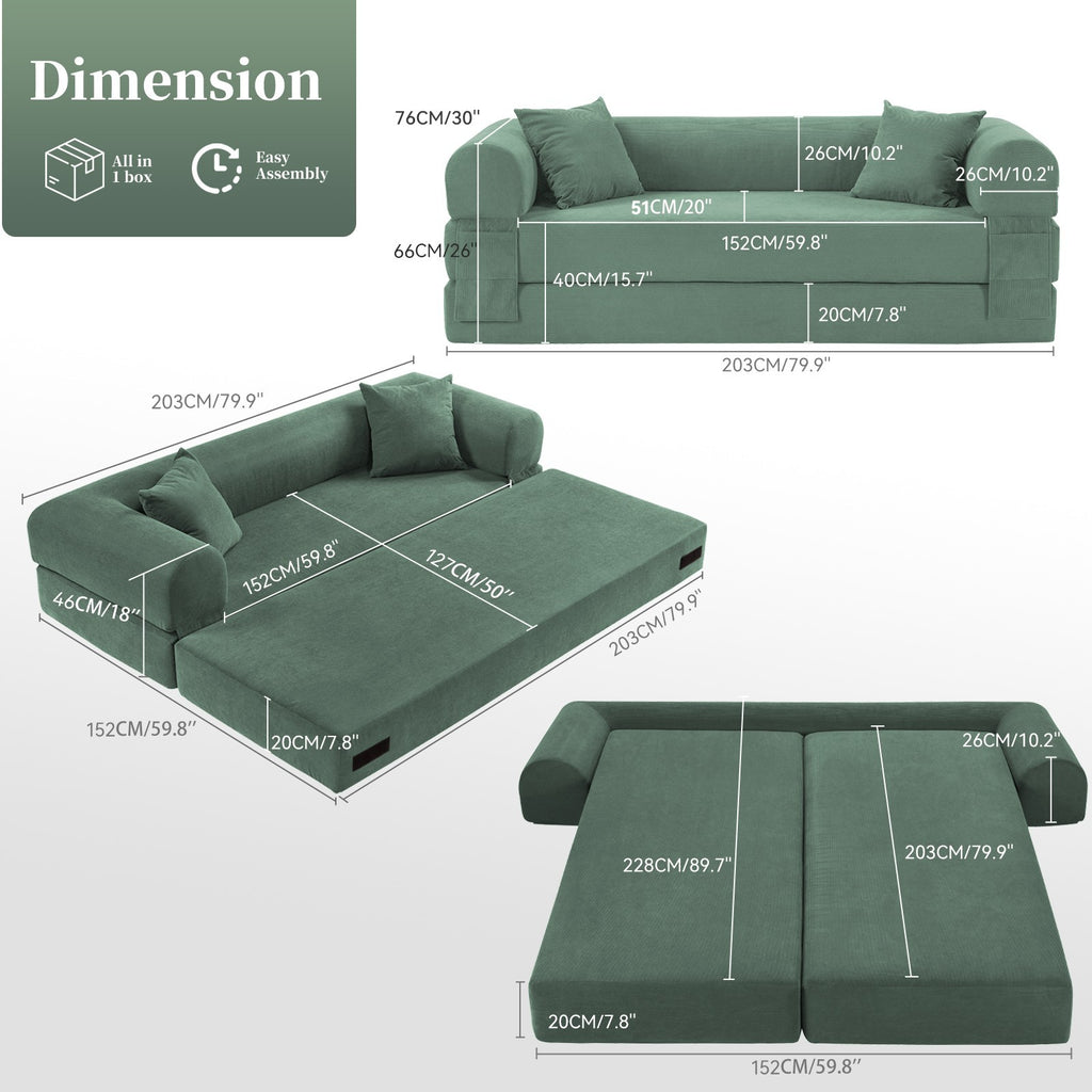 80" Queen Convertible Sofa Bed, No Assembly Modern Boneless Couch Sofa in Box