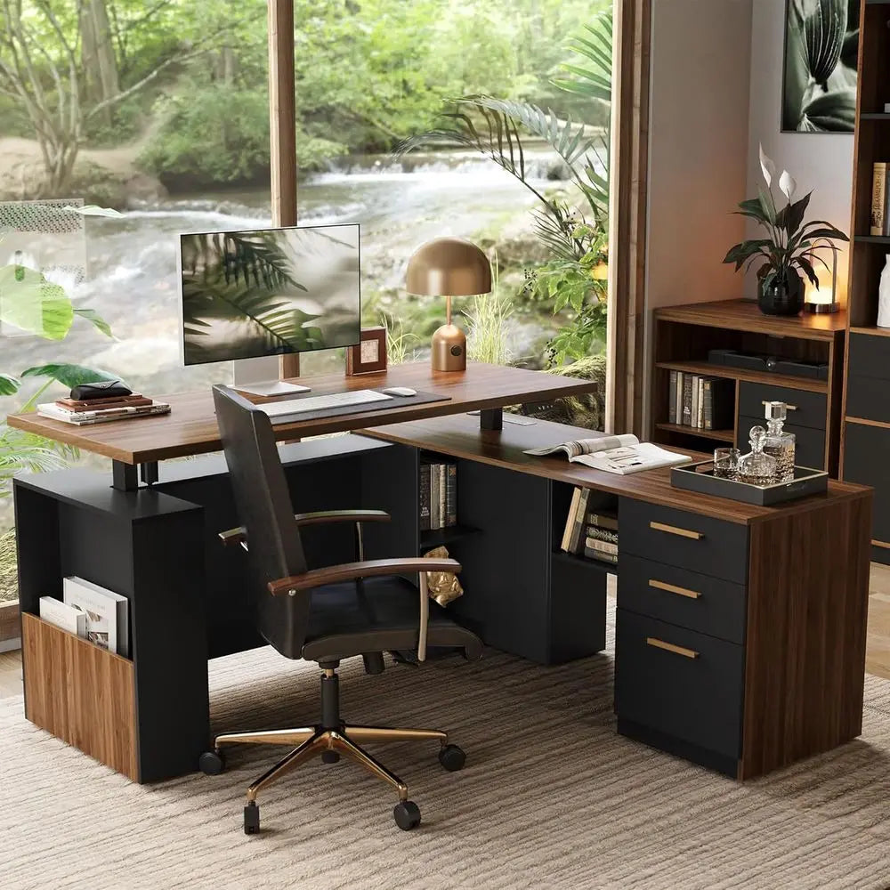 63" L-Shaped Electric Standing Desk with Cabinet, Drawers & Power Outlets – Black Walnut