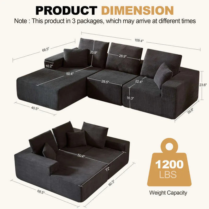 Modern Corduroy Sectional Sofa – Modular Foam Couch with Plush Cushions