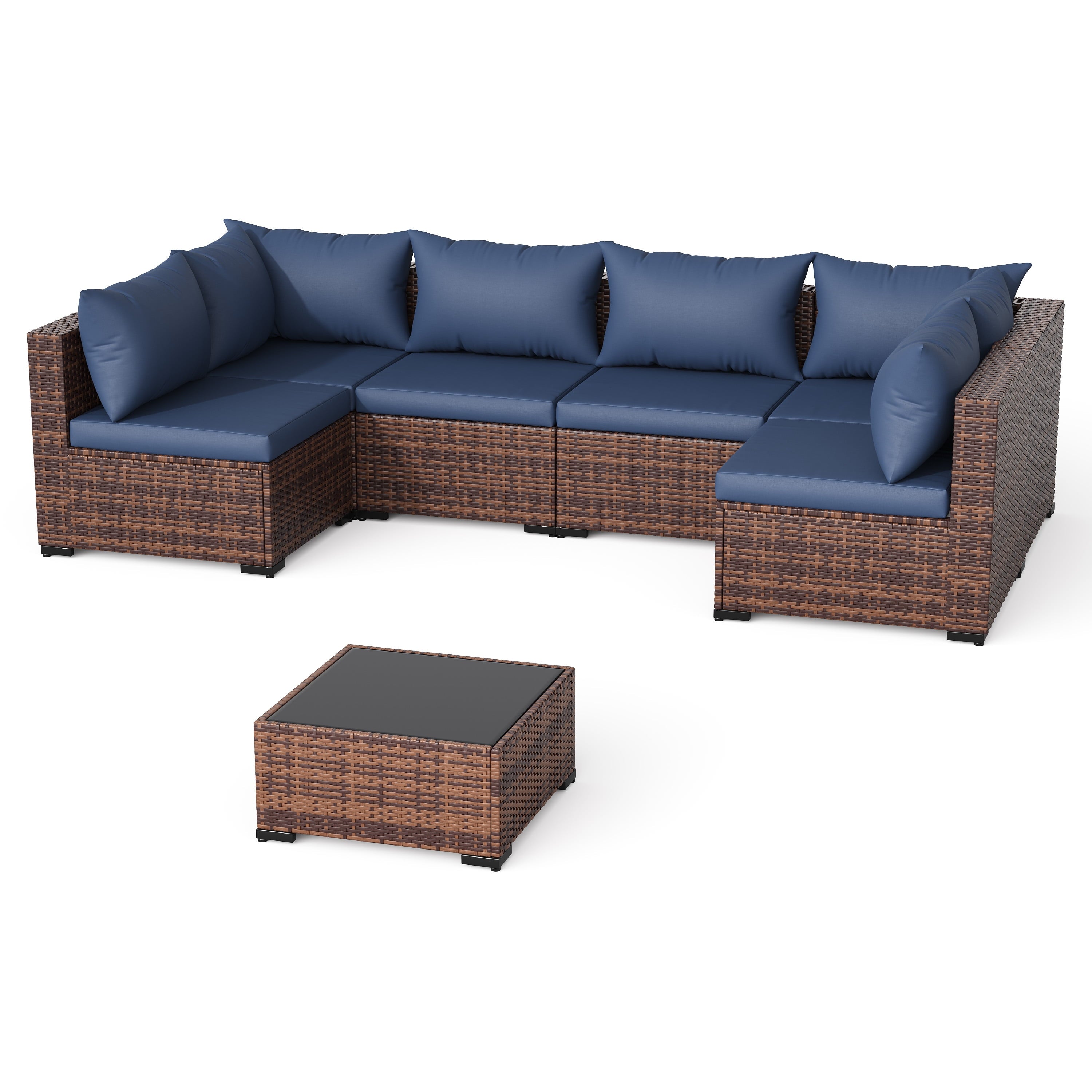 7 Pieces Patio Furniture Set All Weather Outdoor Sectional Sofa, Outdoor Modern Sectional Furniture Wicker Couch with Glass Coffee Table, Thicken Navy Blue Cushions, Water Resistant