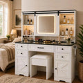 Adjustable Makeup Vanity Desk with Sliding Mirror, Glass Top & 7 Drawers – White