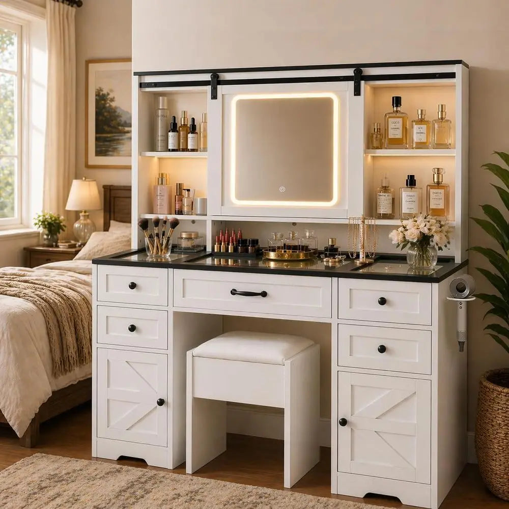Adjustable Makeup Vanity Desk with Sliding Mirror, Glass Top & 7 Drawers – White