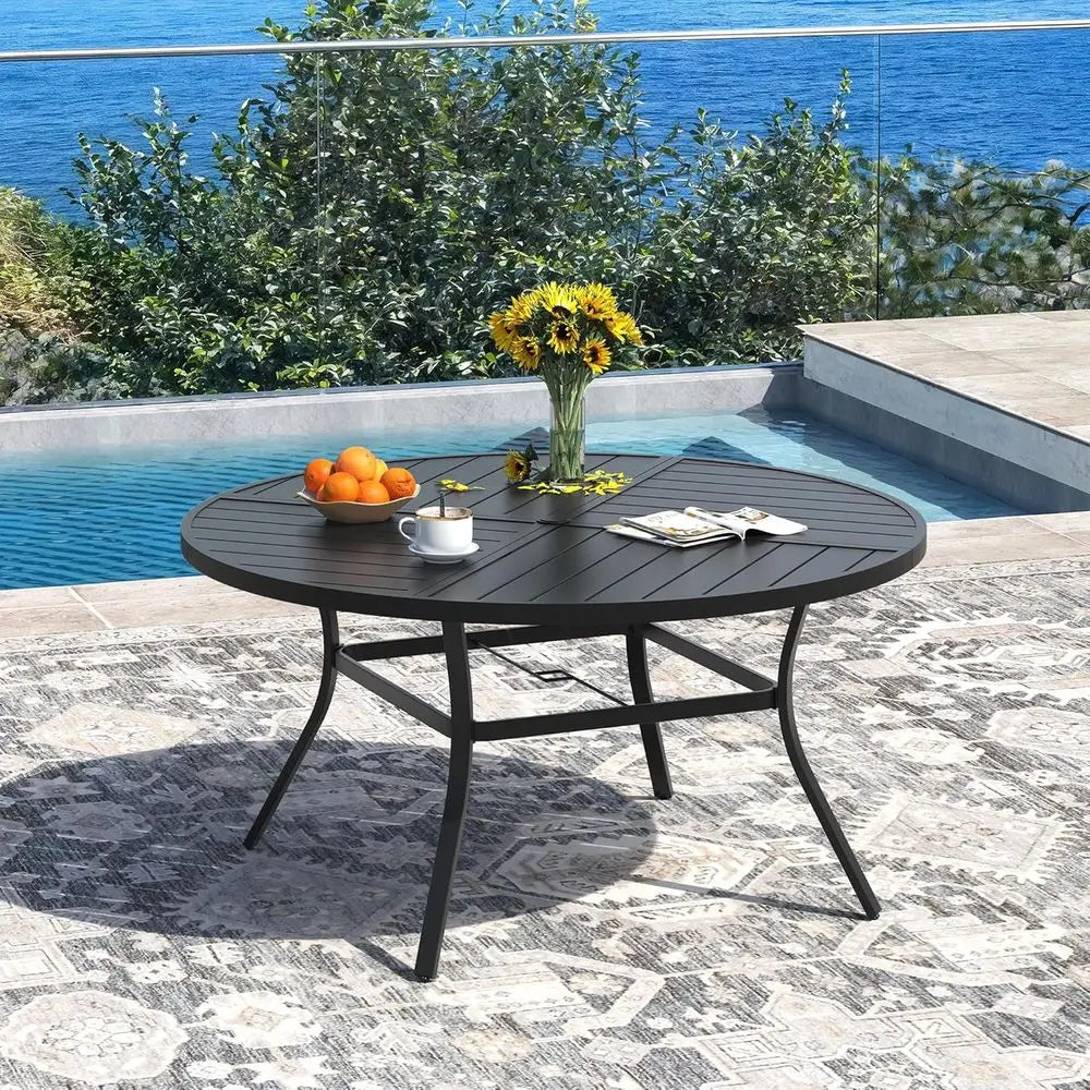 7-Piece Outdoor Patio Dining Set with 50" Round Metal Table & 6 Stackable Sling Chairs – Black & Brown