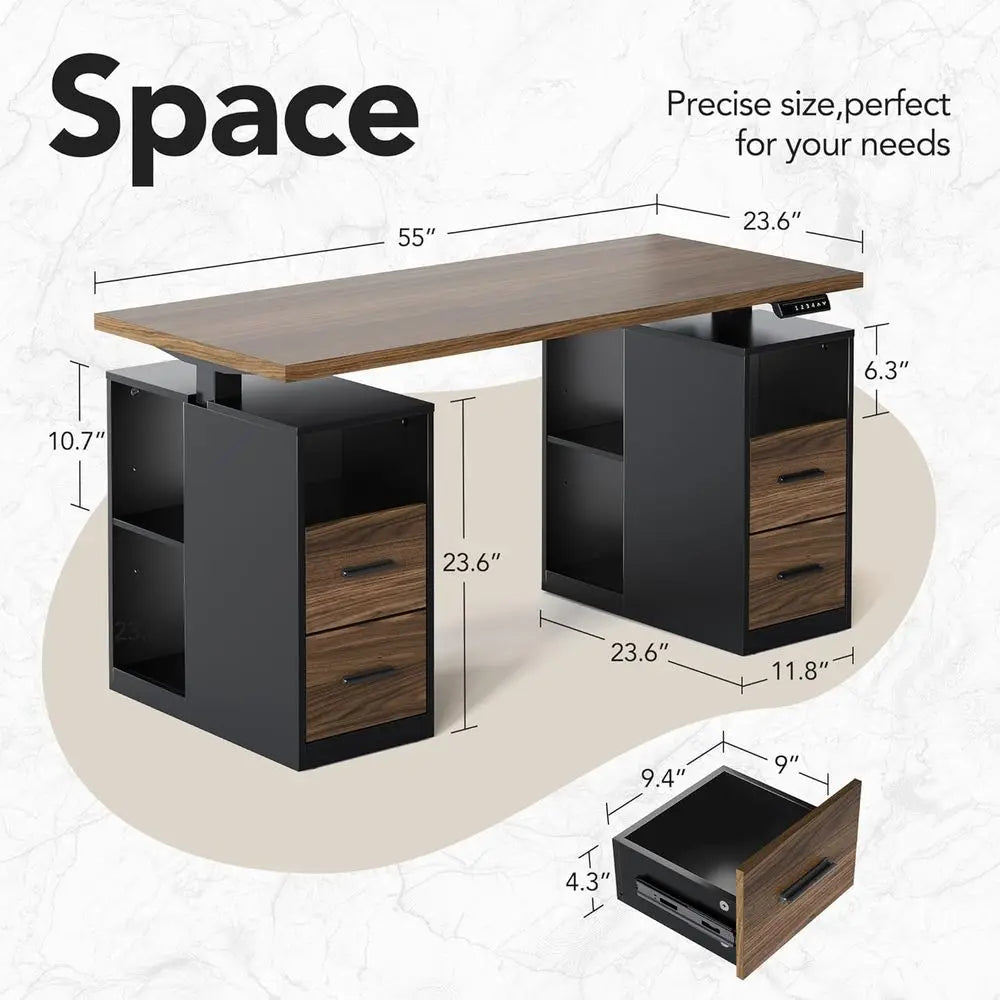 55" Electric Height-Adjustable Standing Desk with Storage & LED Strip – Black Walnut