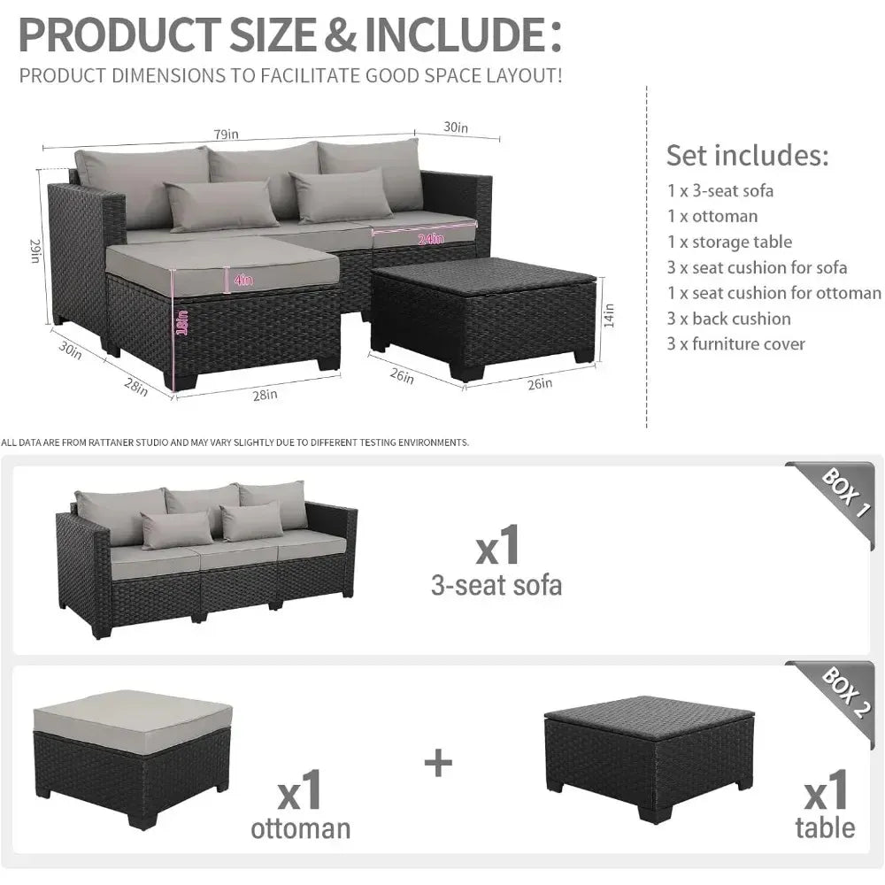 3 Pieces Modern Outdoor Sectional Patio Furniture Set – All-Weather Wicker Sofa with Ottoman & Storage Table