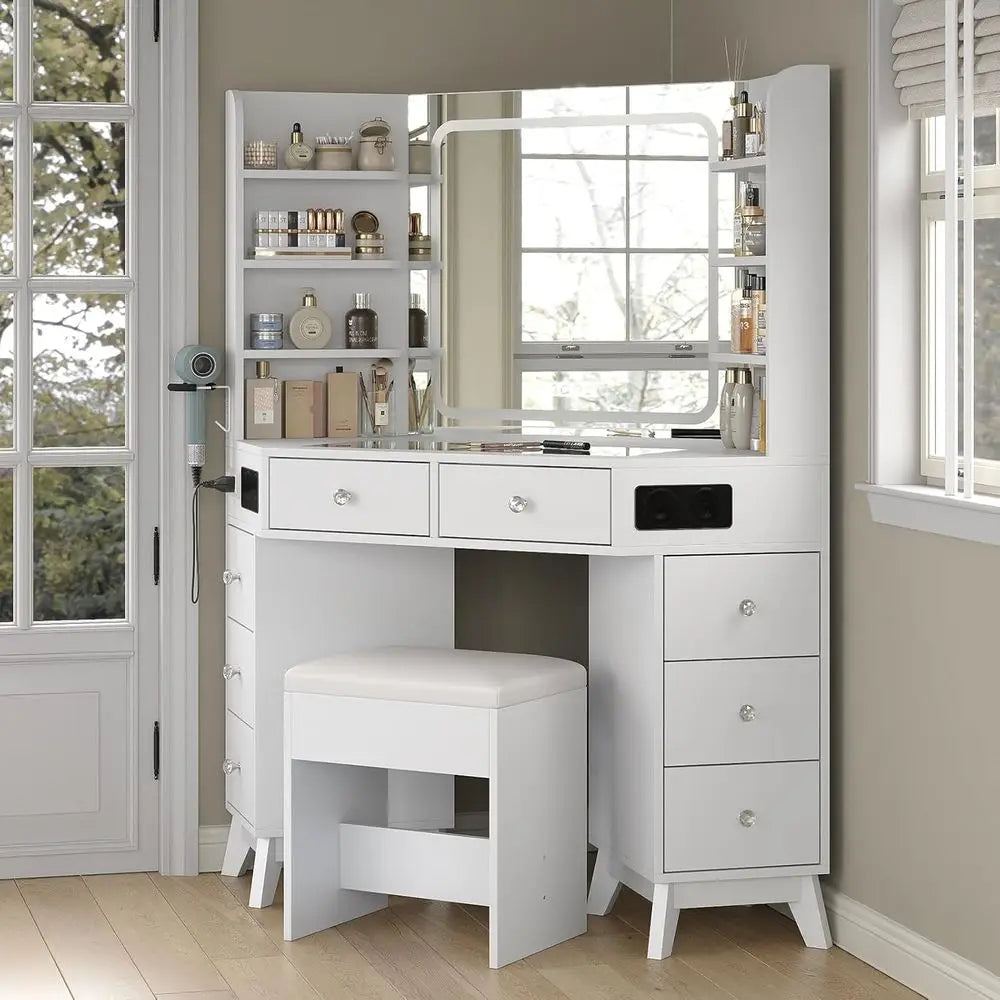 White Makeup Vanity Desk with Built-In Speaker, 8 Drawers, Glass Top & 3-Color LED Lighting