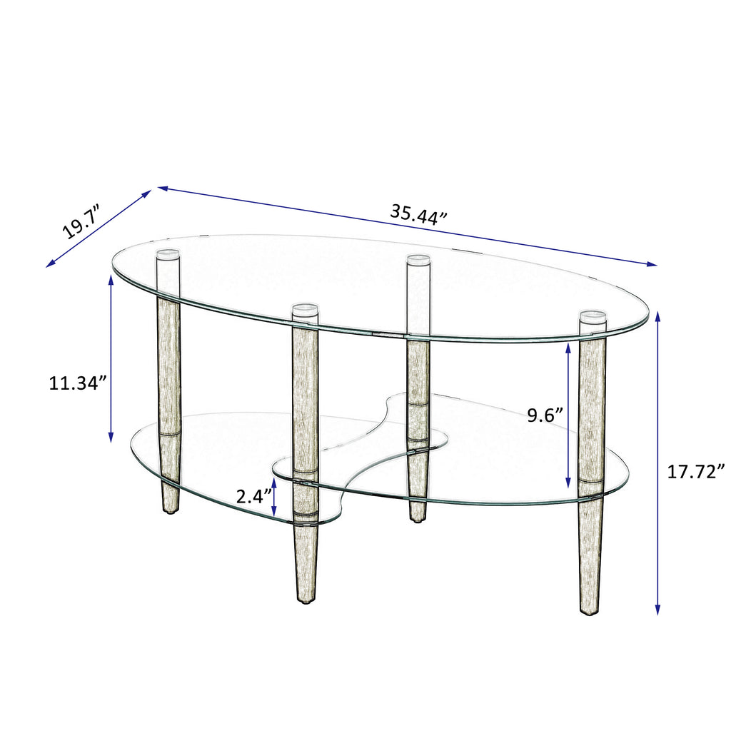 Transparent Oval Glass Coffee Table, Modern Living Room Table, Oak Leg Coffee Table, Three-Layer Glass Table