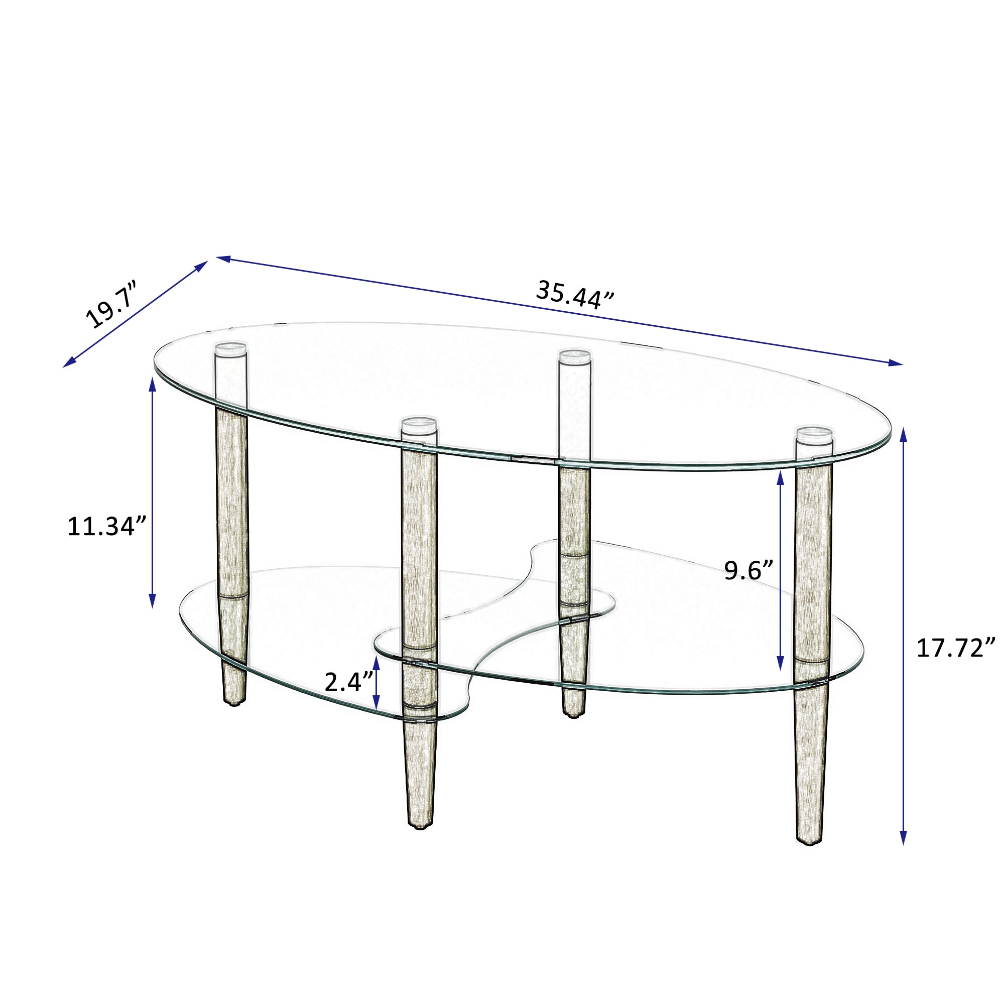 Transparent Oval Glass Coffee Table, Modern Living Room Table, Oak Leg Coffee Table, Three-Layer Glass Table