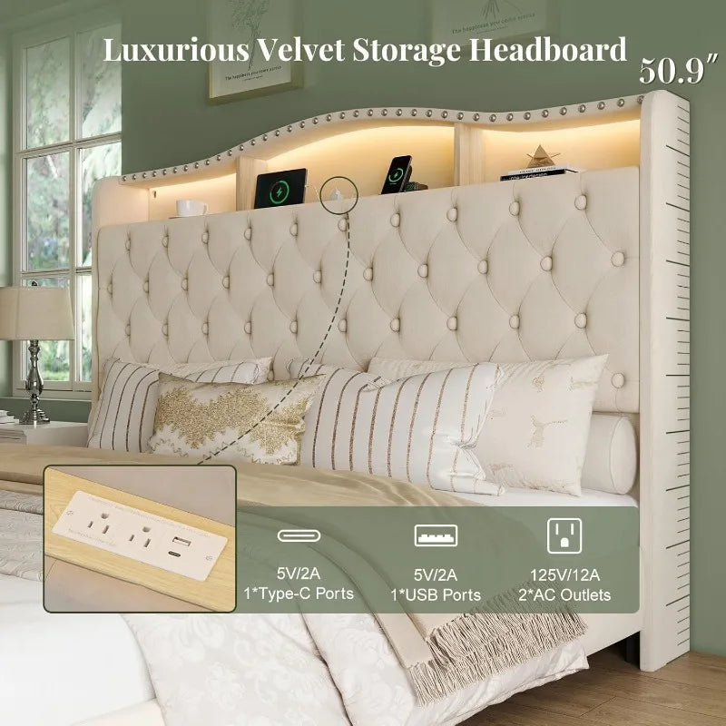 Belffin King Size Velvet Wingback Bed Frame with LED Lights & Charging Station