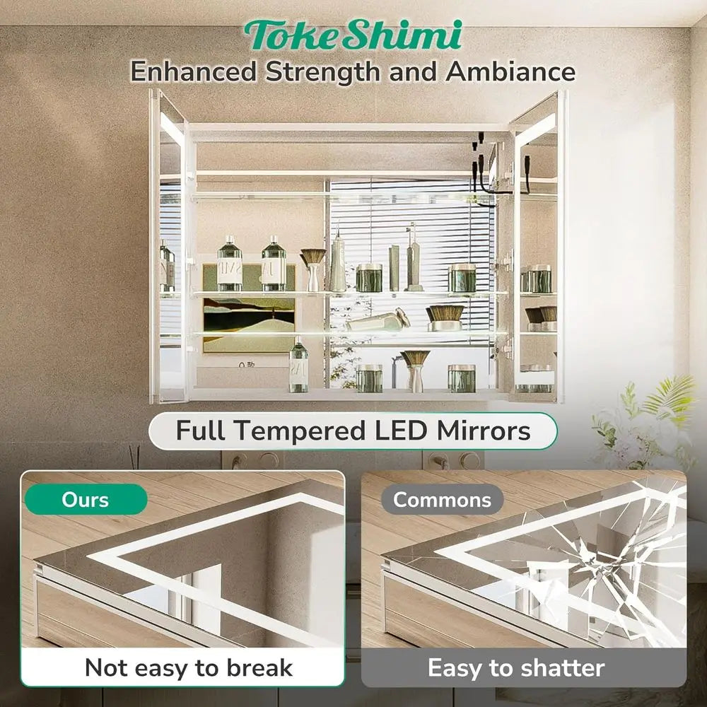 48 x 32 Inch LED Medicine Cabinet with Mirror – Frontlit Bathroom Vanity Cabinet with Adjustable Brightness, Built-In Outlets & Double-Sided Mirrors