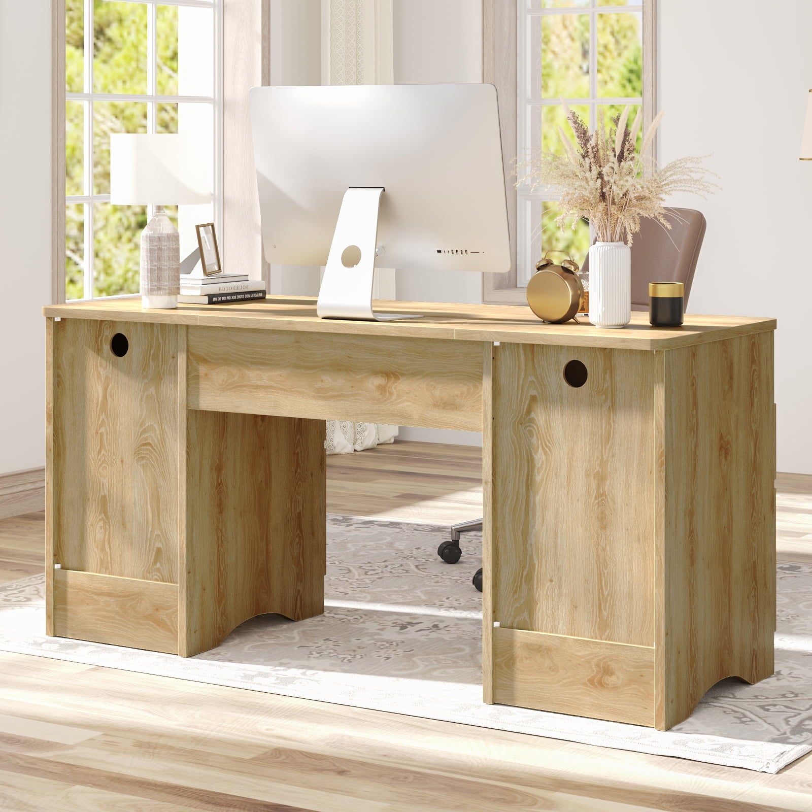 59" Home Office Computer Desk with Keyboard Tray and Storage Drawers, Modern Executive Desk for Writing Reading, Oak