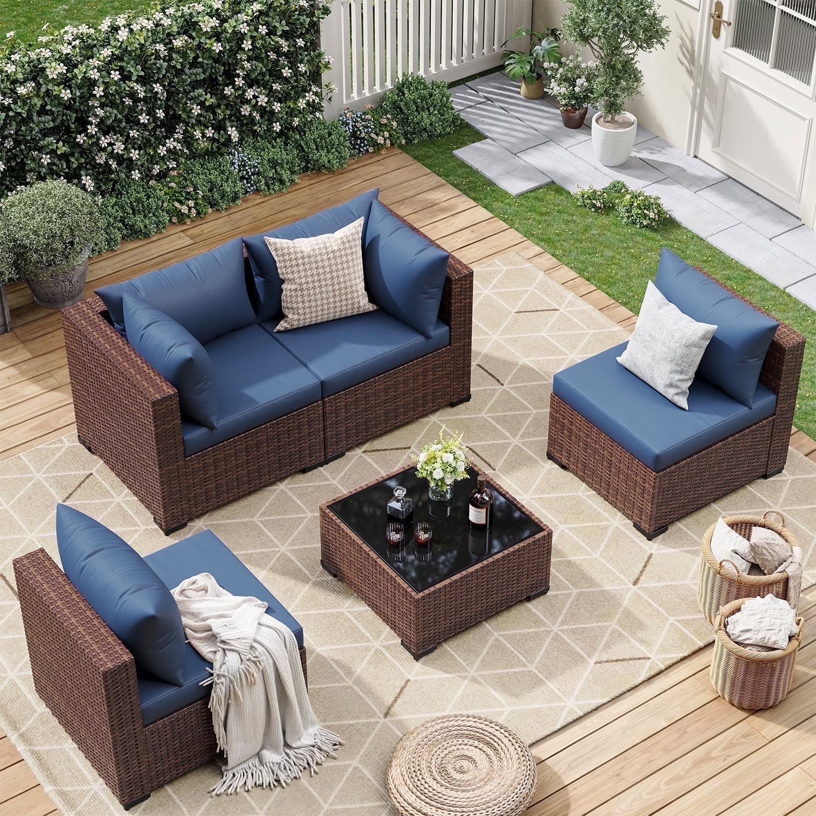 7 Pieces Patio Furniture Set All Weather Outdoor Sectional Sofa, Outdoor Modern Sectional Furniture Wicker Couch with Glass Coffee Table, Thicken Navy Blue Cushions, Water Resistant