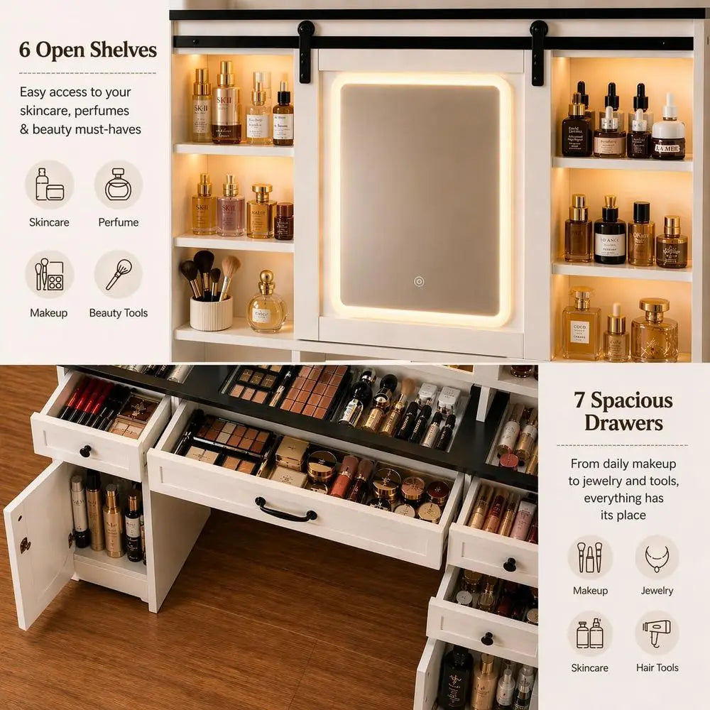 Adjustable Makeup Vanity Desk with Sliding Mirror, Glass Top & 7 Drawers – White