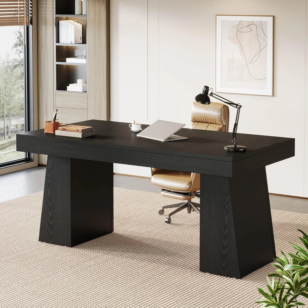 Large Wood Executive Desk, 55" Rectangle Office Desk with Double Pedestal, Modern Minimalist Computer Desk Workstations Conference Table Furniture for Home Office(Black)