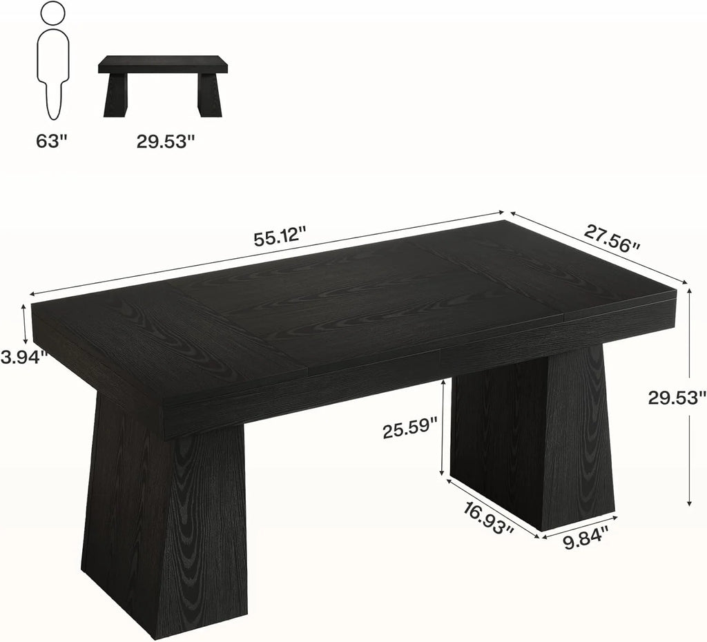 Large Wood Executive Desk, 55" Rectangle Office Desk with Double Pedestal, Modern Minimalist Computer Desk Workstations Conference Table Furniture for Home Office(Black)