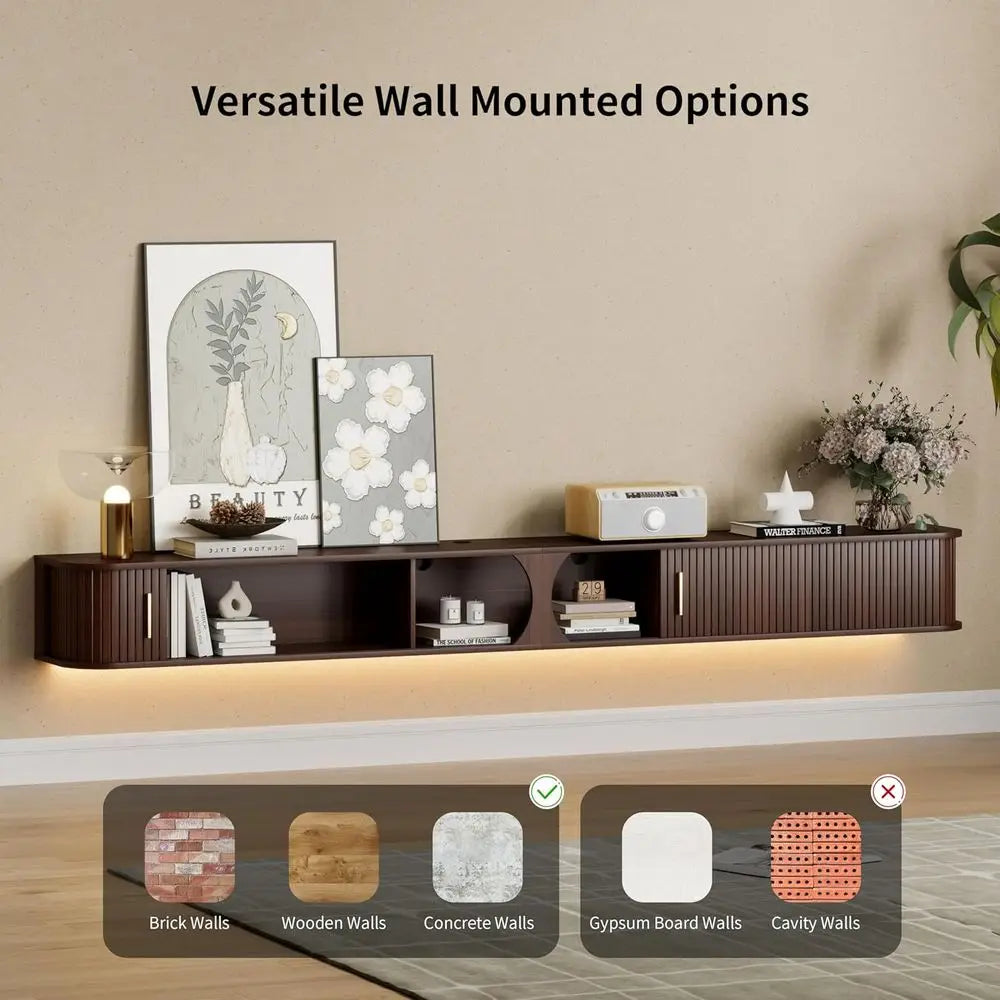 Floating TV Stand with Power Outlet & RGB LED Lights – 94.8" Walnut Entertainment Center