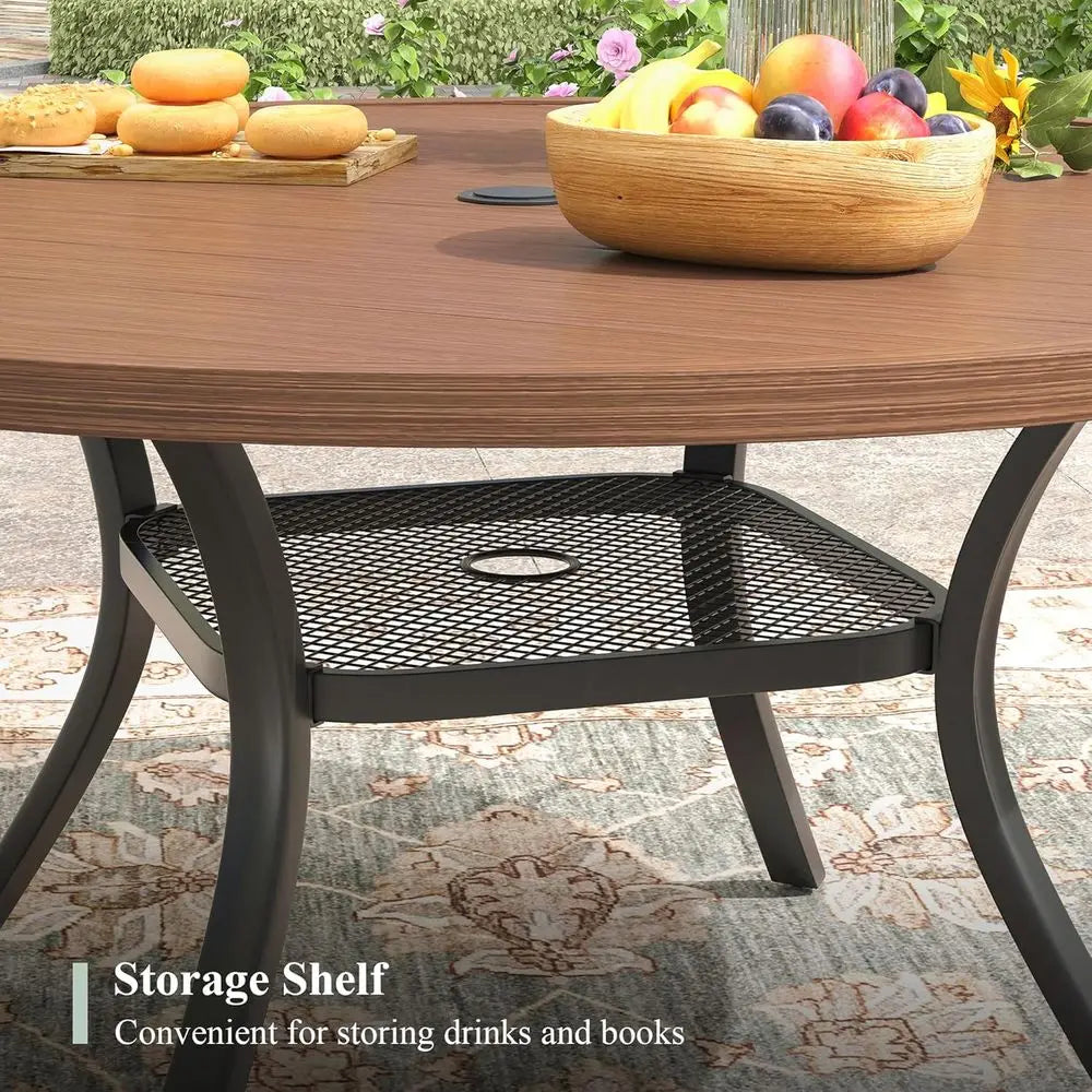 Round 6-Seater Outdoor Metal Patio Dining Table with Umbrella Hole, Walnut Finish