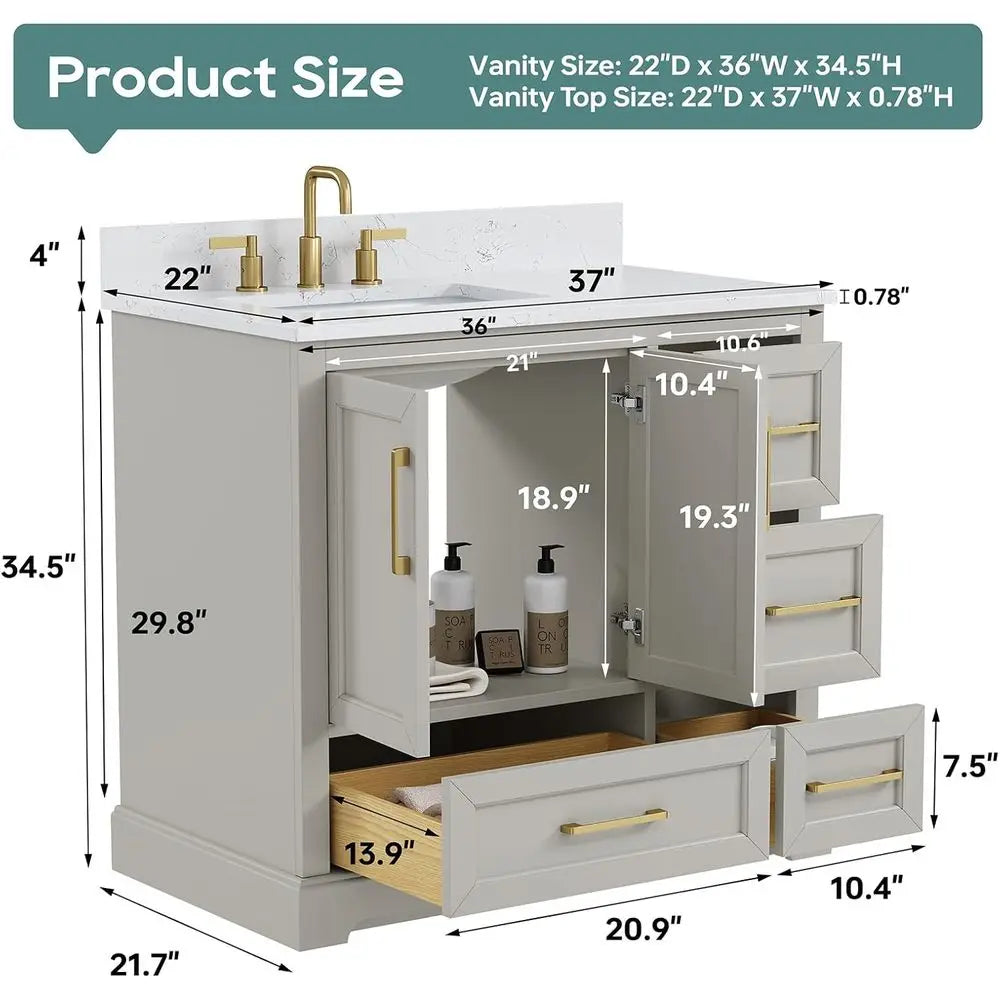 36-Inch Solid Wood Bathroom Vanity with Carrara Marble Top – Greige Single Sink Vanity with Soft-Close Drawers, Fully Assembled