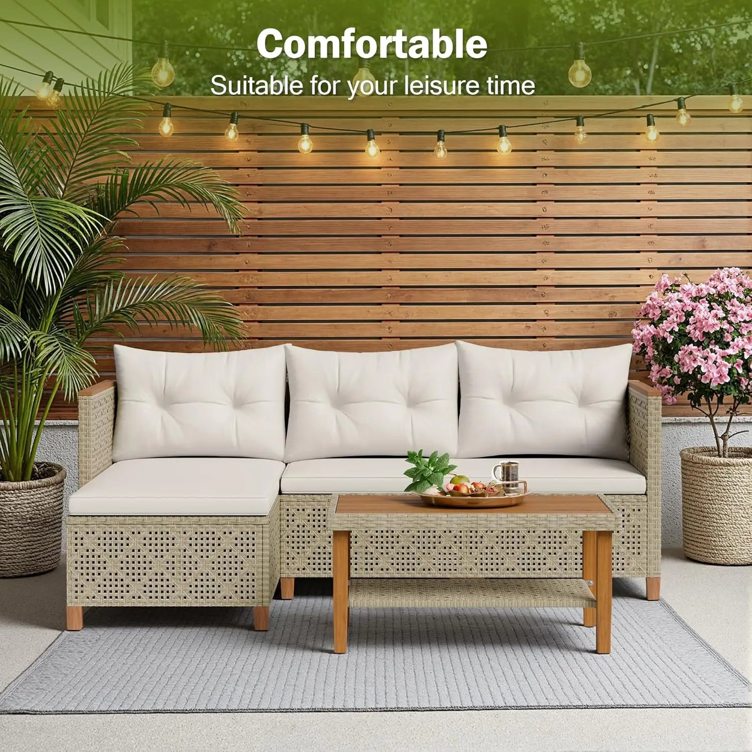 Patio Furniture Set 3 Piece Outdoor Sectional Sofa Hollow Rattan Patio Seating Sofa with Coffee Table & Ottoman For, Customized