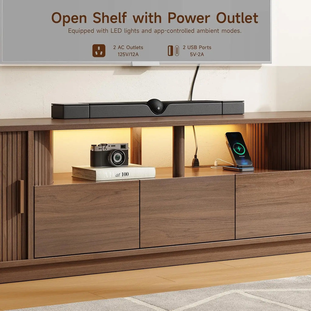 71" TV Stand with Power Outlet, 3 RGB LED Lights, for 85" Tvs - 3-Drawer Mid Century Modern Entertainment Unit W/ Adjustable Shelf & Sliding Door Cabinet