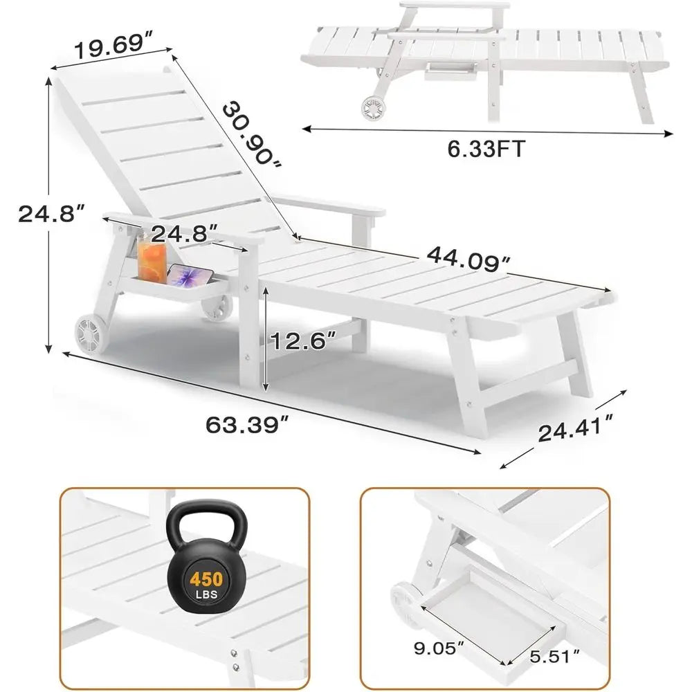 2-Piece Outdoor Pool Lounge Chair Set with Adjustable Backrest & Side Tray – White