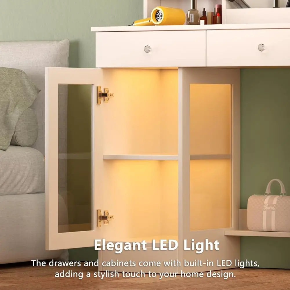 LED Lighted Makeup Vanity with Sliding Mirror, Charging Station & RGB Cabinets – White