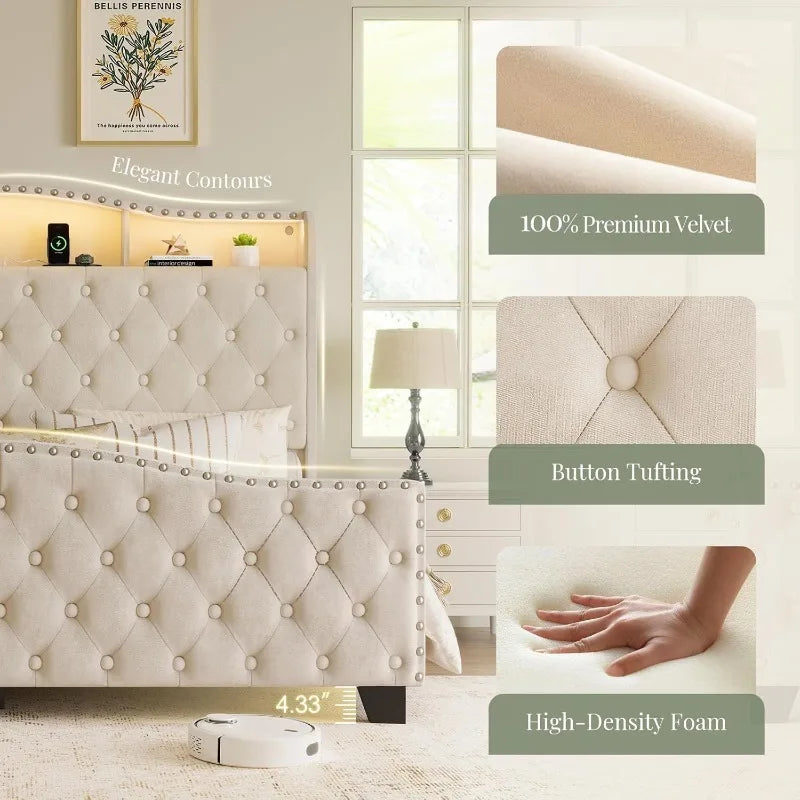 Belffin King Size Velvet Wingback Bed Frame with LED Lights & Charging Station