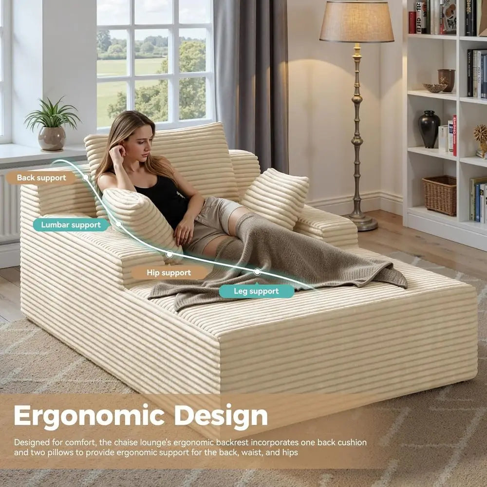 Oversized Indoor Chaise Lounge Chair with 2 Pillows – Khaki Corduroy Deep Seat Sofa Bed