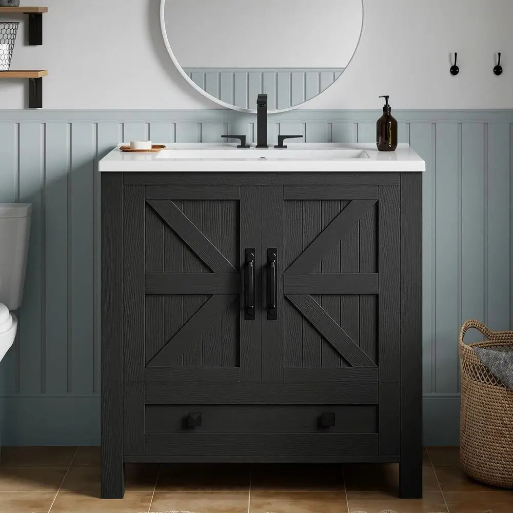 30-Inch Space-Saving Bathroom Vanity with Sink – Black Barn Door Storage Cabinet with Large Drawer & Built-In Door Racks